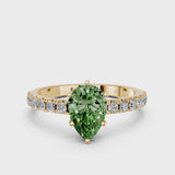Yellow gold Fancy Green Pear Cut Diamond Solitaire Pavé Band with Four-Prong Setting