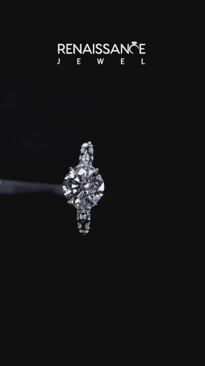 Platinum Round Solitaire Diamond Ring with Filigree Band and Four-Prong Setting 6