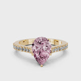Yellow gold Fancy Pink Pear  Cut Solitaire Diamond Engagement Ring with Pave Band and Four-Prong Setting