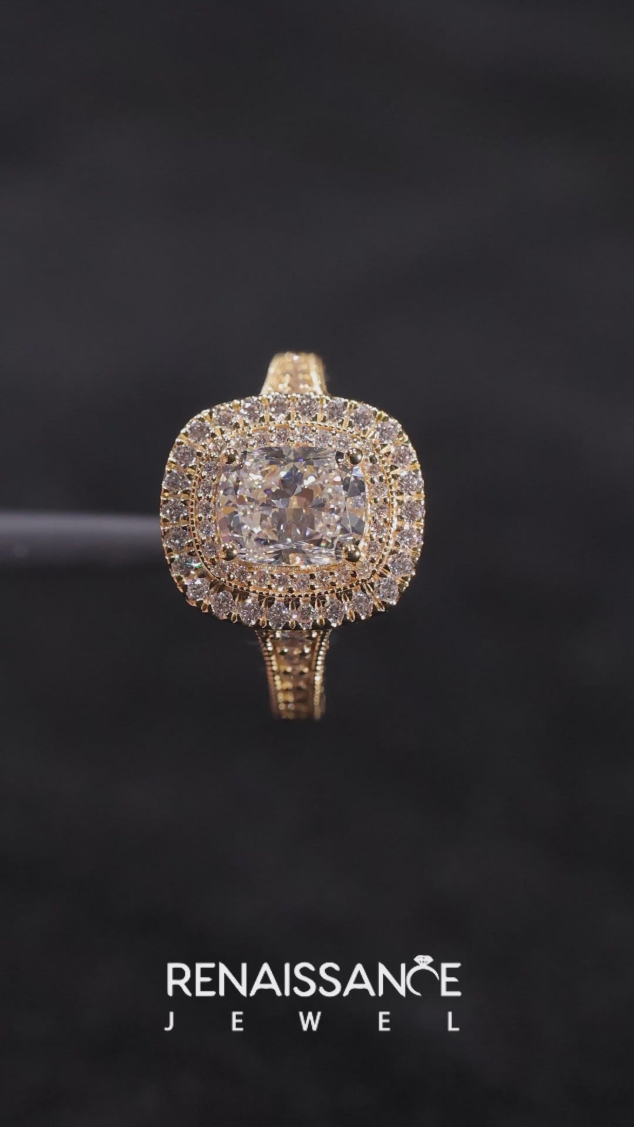 Yellow gold Cushion Halo Round Diamond Split Shank Prong Setting Ring 6