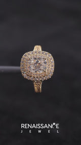 Yellow gold Cushion Halo Round Diamond Split Shank Prong Setting Ring
