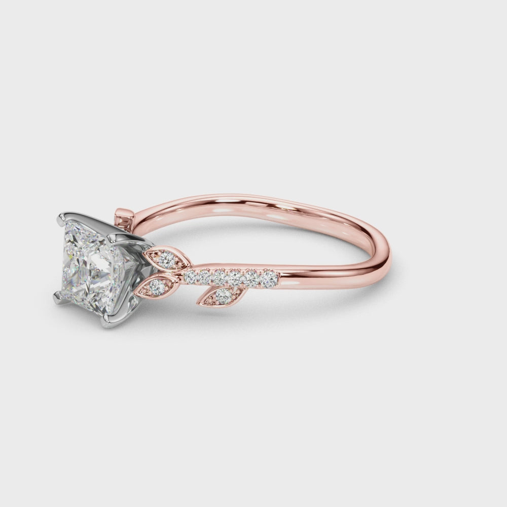 Rose gold Princess Solitaire Leaf-Inspired Diamond Ring with Pavé Band and Four-Prong Setting 3