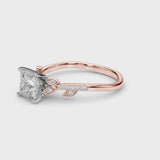 Rose gold Princess Solitaire Leaf-Inspired Diamond Ring with Pavé Band and Four-Prong Setting