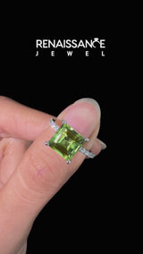 Silver Princess Cut Peridot Solitaire Ring with Round  Pavé Band and Prong Setting