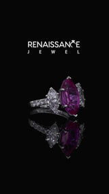 Silver Three-Stone Marquise Cut Pink Sapphire Ring with Round  Pavé Band and Prong Setting