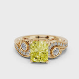 Yellow gold Fancy Yellow Radiant Cut Diamond Solitaire Ring with Milgrain Pavé Band and Four-Prong Setting