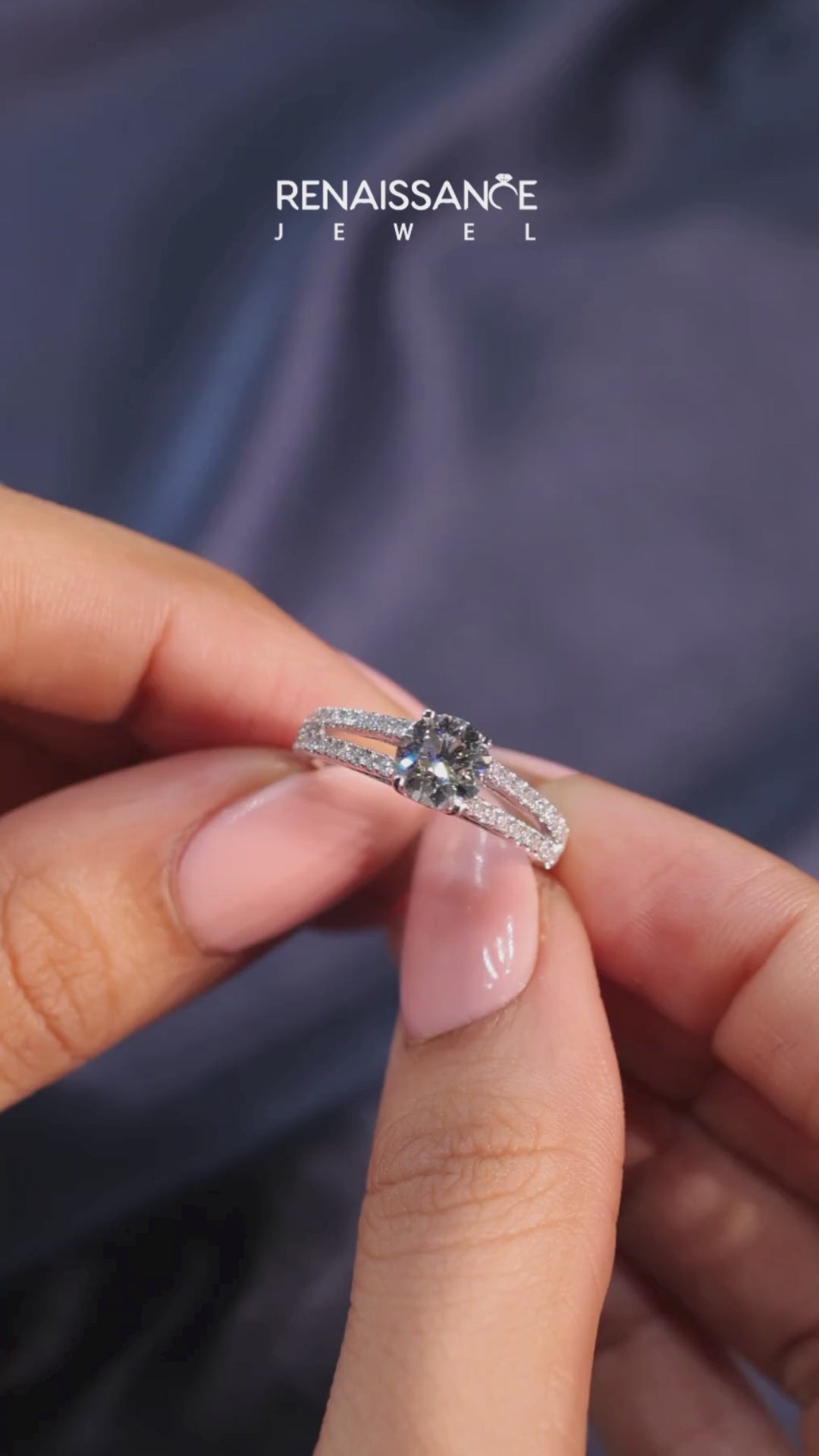 White gold Round Solitaire Split Shank Pavé Diamond Engagement Ring 4