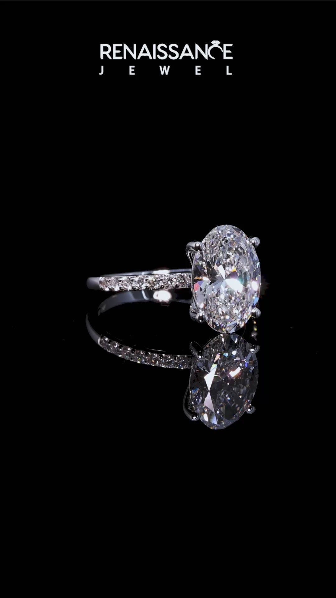 White gold Oval Cut Diamond Pavé Band Solitaire Ring with Four-Prong Setting_266