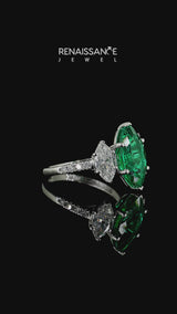 Silver Three-Stone Marquise Cut Emerald Ring with Round  Pavé Band and Prong Setting