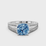 Platinum Fancy Blue Cushion Cut Diamond Solitaire Engagement Ring with Split Shank Pavé Band