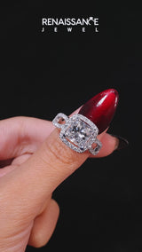Silver Radiant Cut Diamond Halo Ring with Split Shank Pavé Band and Prong Setting
