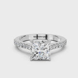 White gold Princess Cut Solitaire Diamond Engagement Ring with Pave Band and Four-Prong Setting