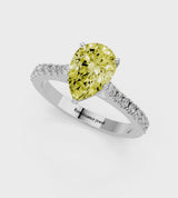 Platinum Fancy Yellow Pear  Cut Solitaire Diamond Engagement Ring with Pave Band and Four-Prong Setting