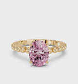 Yellow gold Fancy Pink Oval Cut Diamond Solitaire Ring with Beaded Band and Prong Setting
