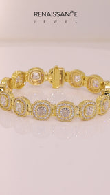 Yellow gold Cushion Halo Diamond Tennis Bracelet with Channel Band and Bezel Setting