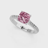 Platinum Fancy Pink Cushion  Cut Solitaire Diamond Engagement Ring with Pave Band and Four-Prong Setting