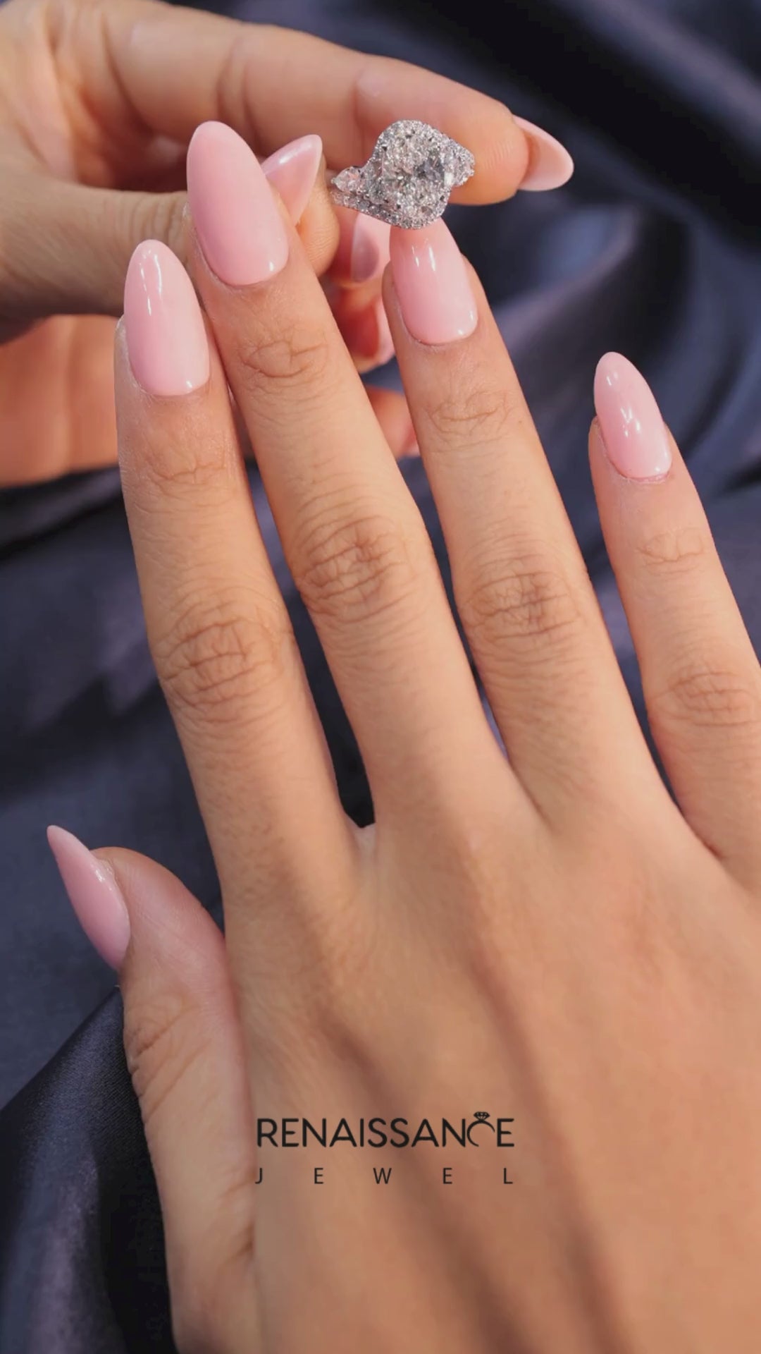 Silver Oval Diamond Halo Ring with Marquise and Pavé Band in Prong Setting 6