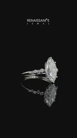 Silver Marquise Cut Moissanite Cluster Side Stone Solitaire Ring with Prong Setting