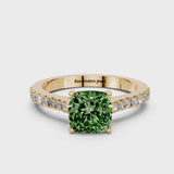 Yellow gold Fancy Green Cushion  Cut Solitaire Diamond Engagement Ring with Pave Band and Four-Prong Setting