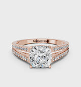 Rose gold Cushion Cut Diamond Solitaire Engagement Ring with Split Shank Pavé Band