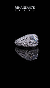Platinum Round Halo Milgrain Pave Diamond Engagement Ring with Filigree Band and Four-Prong Setting