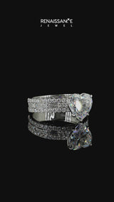 Silver Heart Cut Moissanite Solitaire Ring with Pavé and Channel Set Band