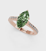 Rose gold Fancy Green Marquise  Cut Solitaire Diamond Engagement Ring with Pave Band and Four-Prong Setting