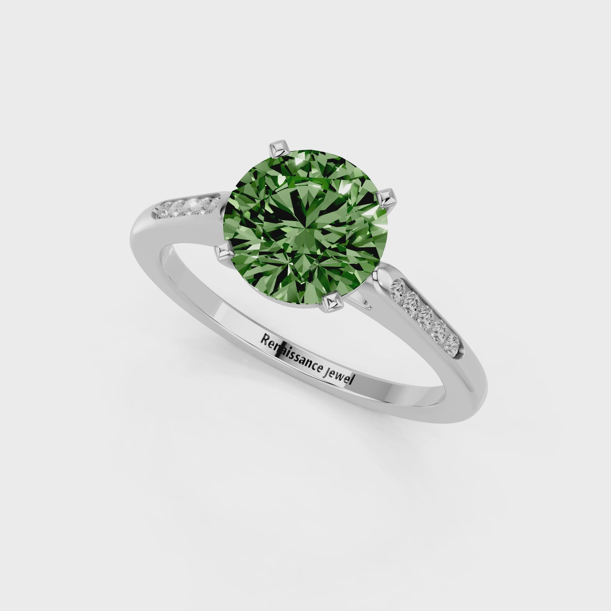 White gold Fancy Green Round  Cut Channel Set Solitaire Engagement Ring with Four-Prong Setting_117