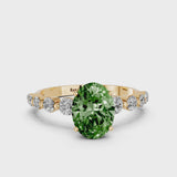 Yellow gold Fancy Green Oval Cut Solitaire Diamond Ring with Pave Band and Four-Prong Setting