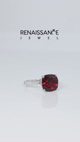 Silver Cushion Cut Garnet Pave Band Solitaire Ring with Round  and Prong Setting