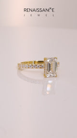 Yellow gold Asscher Cut Diamond Pave Band Solitaire Ring with Round  and Prong Setting