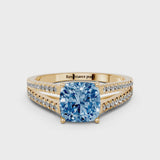 Yellow gold Fancy Blue Cushion Cut Diamond Solitaire Engagement Ring with Split Shank Pavé Band