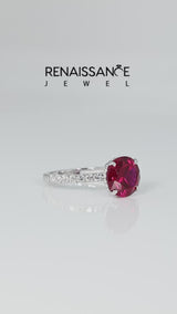Silver Round Cut Ruby Solitaire Ring with Round  Pavé Band and Four-Prong Setting