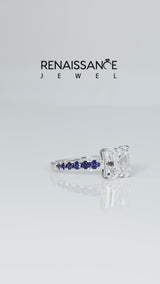 Silver Asscher Cut Diamond Cathedral Solitaire Ring with Round with Blue Sapphire side stone Pavé Band