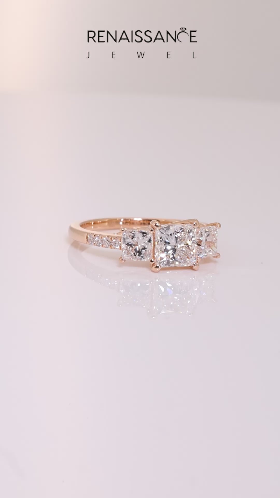 Rose gold Three-Stone Princess Cut Diamond Ring with Pavé Band and Prong Setting_28