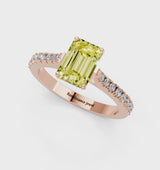 Rose gold Fancy Yellow Emerald  Cut Solitaire Diamond Engagement Ring with Pave Band and Four-Prong Setting