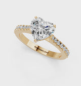 Yellow gold Heart Cut Solitaire Diamond Engagement Ring with Pave Band and Four-Prong Setting