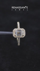 Yellow gold Cushion Cut Diamond Halo Engagement Ring with Milgrain Detail and Pavé Band