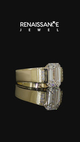 Yellow gold Half-Bezel Emerald Cut Diamond Mens Ring with Channel-Set Round Shoulders