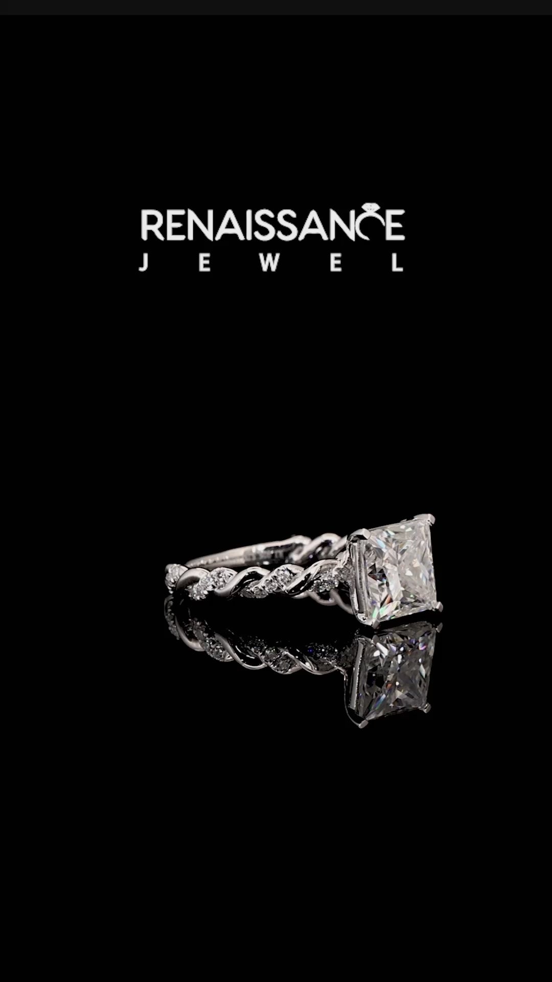 Silver Princess Cut Moissanite Solitaire Ring with Twisted Band and Pavé Accents_12