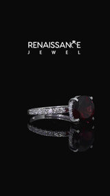 Silver Round Cut Garnet Solitaire Ring with Round  Pavé Band and Four-Prong Setting