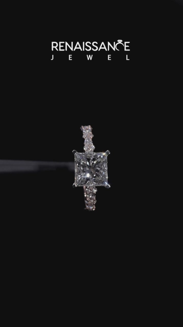 Rose gold Princess Solitaire with Side Stones, Pave Band, Four-Prong Setting 5