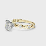Yellow gold Oval Solitaire Bezel-Set Diamond Ring with Beaded Band and Four-Prong Setting