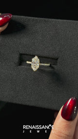Yellow gold Marquise Solitaire Diamond Engagement Ring with Pave Band and Six-Prong Setting