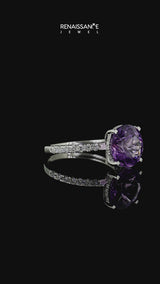 Silver Round Cut Amethyst Solitaire Ring with Round  Pavé Band and Four-Prong Setting
