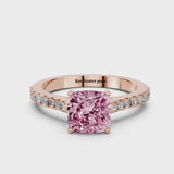 Rose gold Fancy Pink Cushion  Cut Solitaire Diamond Engagement Ring with Pave Band and Four-Prong Setting