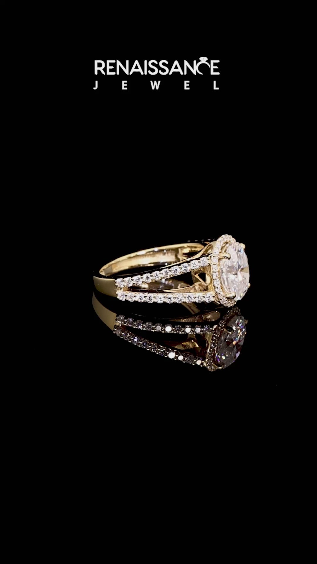Yellow gold Oval Cut Moissanite Halo Ring with Split Shank U-Prong Band and Four-Prong Setting_12