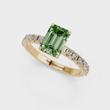 Yellow gold Fancy Green Emerald Cut Diamond Solitaire Pavé Band with Four-Prong Setting