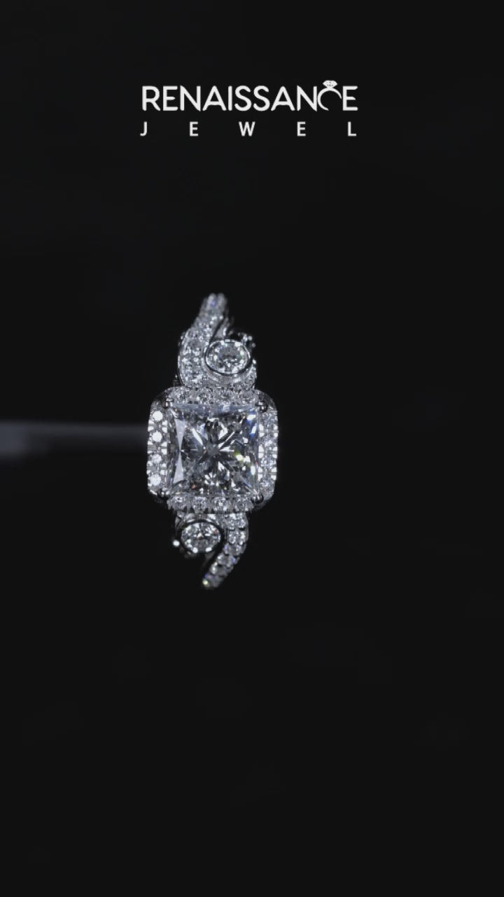 White gold Princess Cut Halo Diamond Ring with Milgrain Pave Band and Four-Prong Setting 5