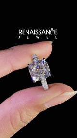 White Gold Cushion Cut Moissanite Hidden Halo Engagement Ring with Pave Band